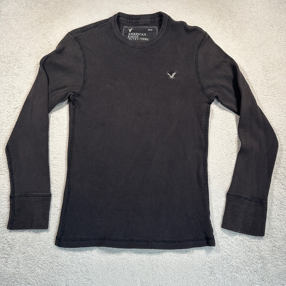 Vintage Y2K American Eagle Thermal Shirt M Black Waffle Knit Long Sleeve  Tee